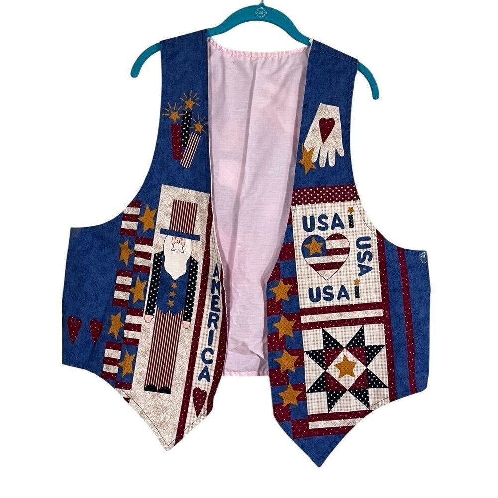 Handmade Vest Women OS Blue Abraham Lincoln Patriotic 4th of July Summer Striped